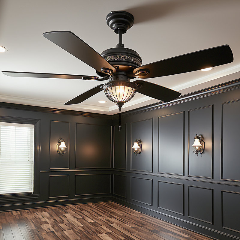 Black paneled dining room with elegant wall sconces and large black ceiling fan