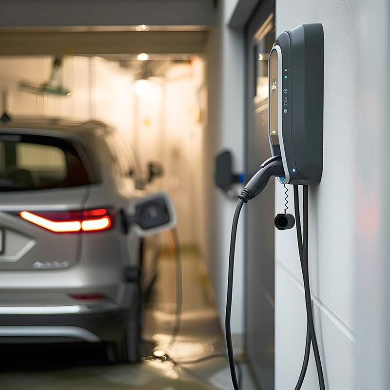 Close up of electric vehicle charger on garage wall with electric car in background