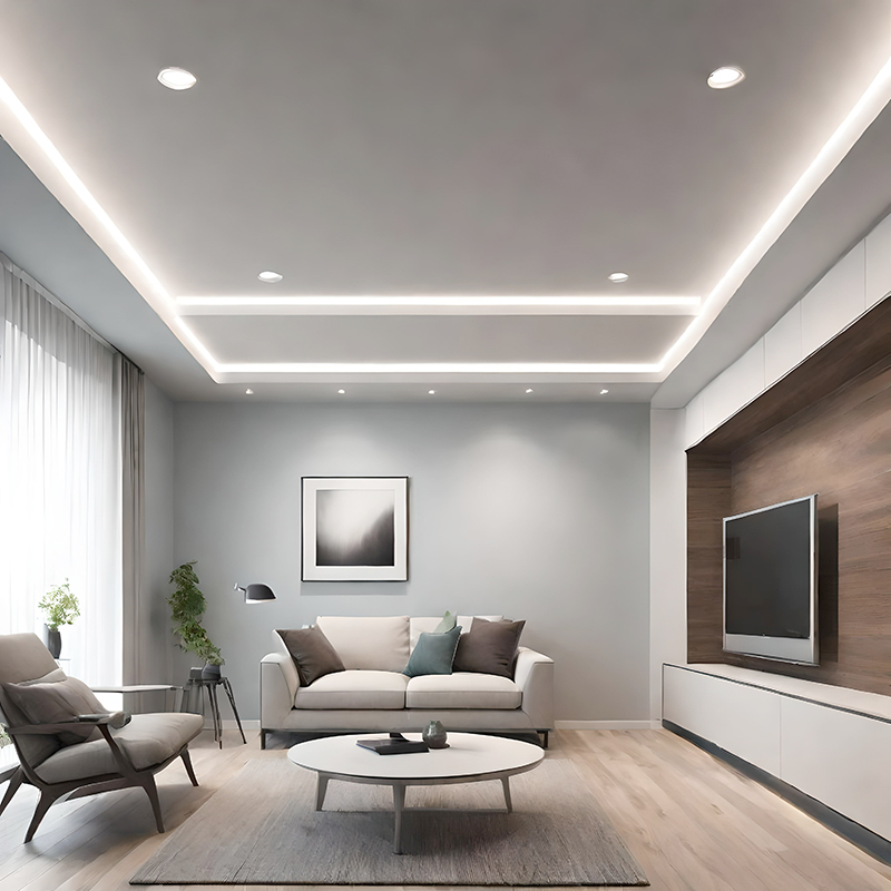 A modern living room with flush ceiling design with recessed lighting